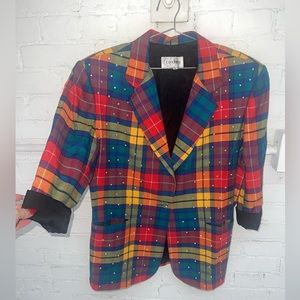 Plaid blazer with sparkly diamonds all over and clear buttons